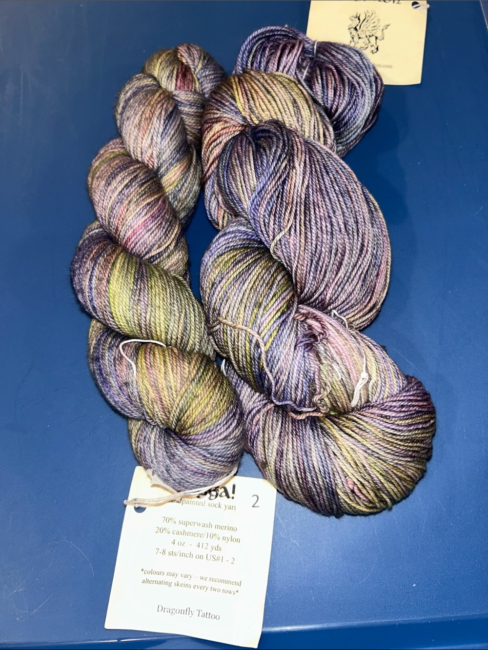 The Sanguine Gryphon Bugga! Merino Sock Yarn - Dragonfly Tattoo. 2 skein lot.